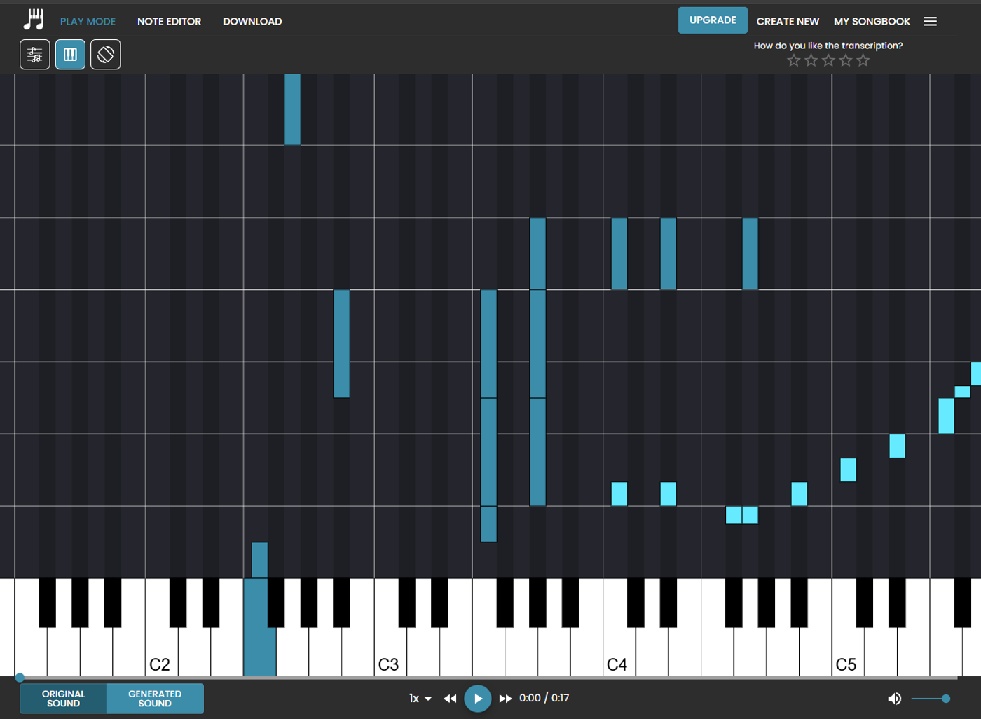 The piano roll mode of Klangio.
