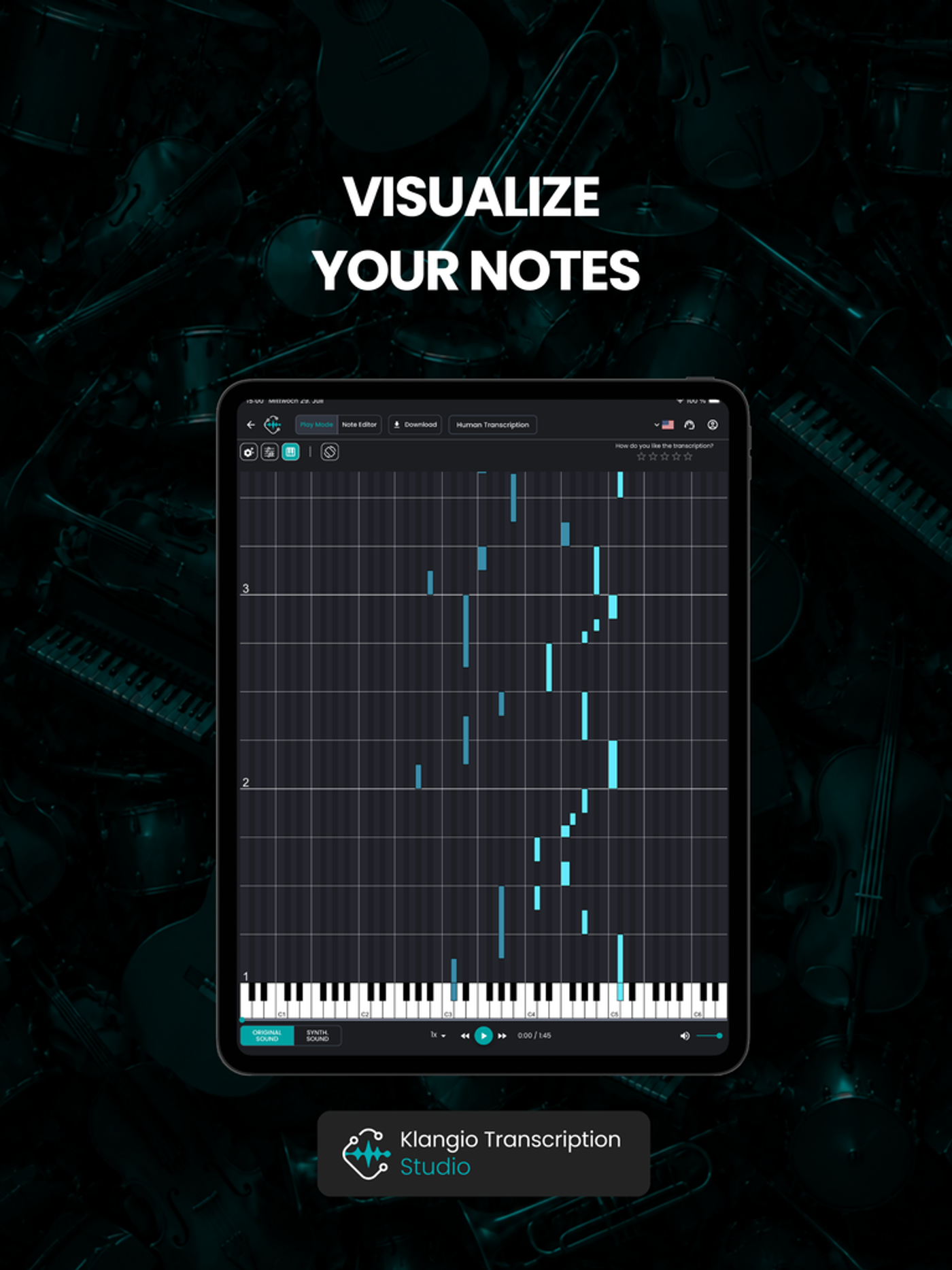 Vista de piano roll MIDI de una canción convertida desde audio con klang.io