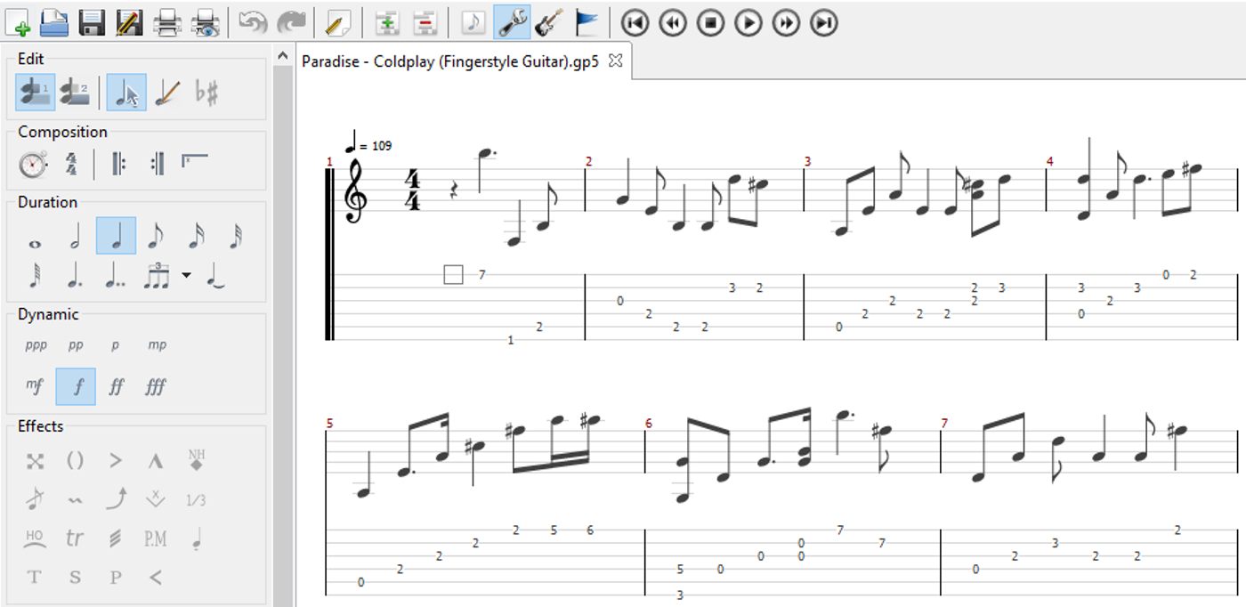A Guitar2Tabs transcription exported as a GuitarPro File, opened in TuxGuitar