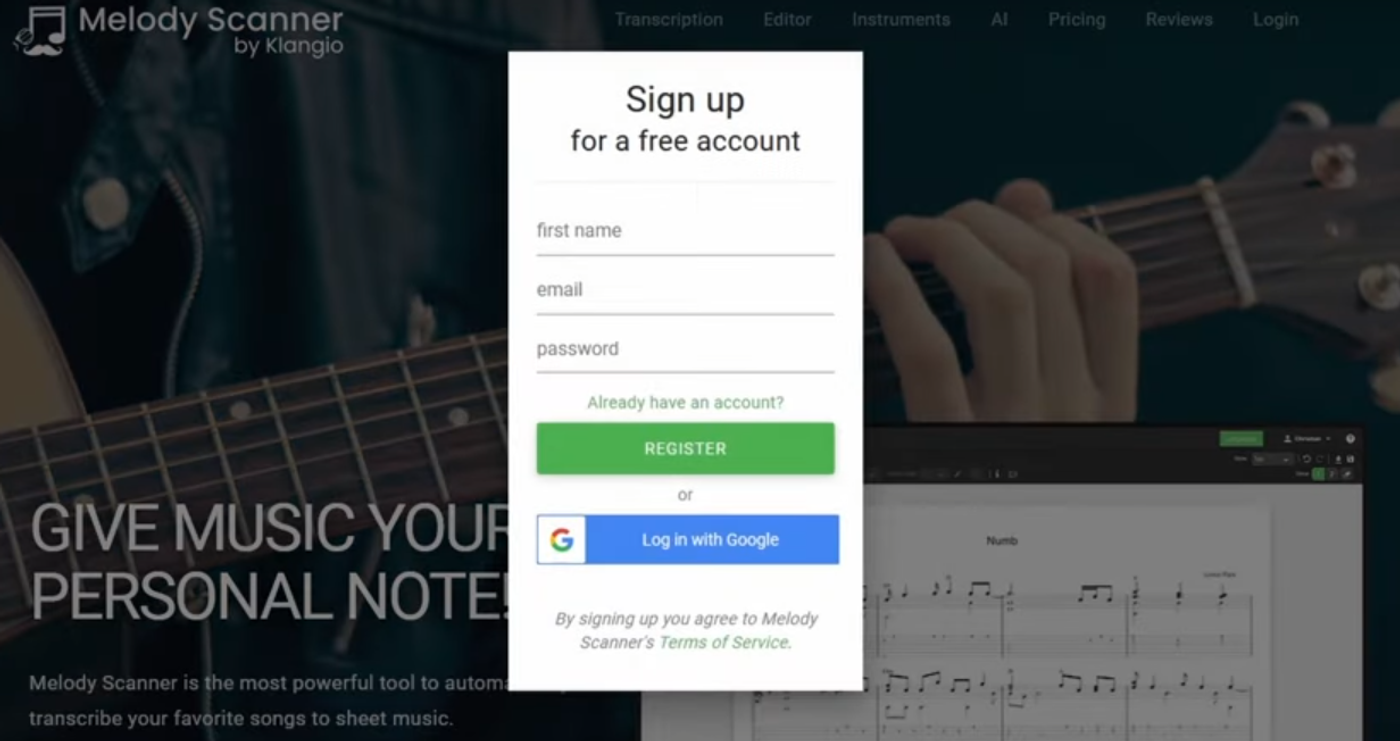 The login section of Melody Scanner.