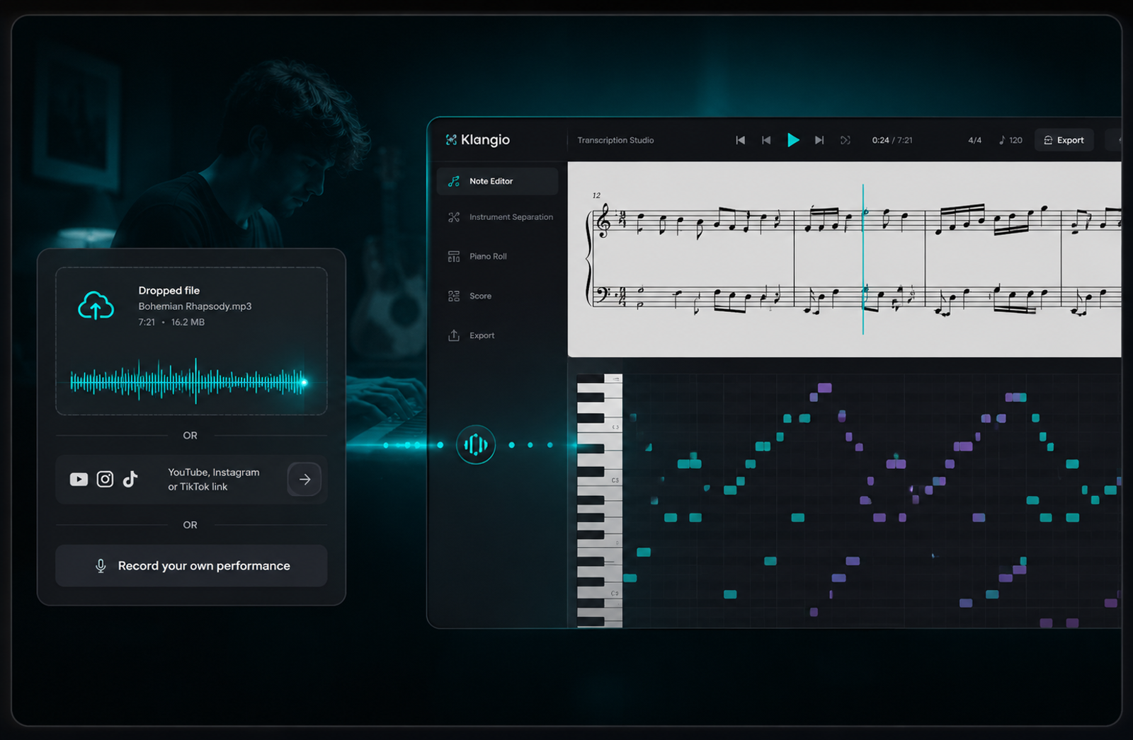 Klangio turning an uploaded song into editable sheet music and a visual piano roll for learning and playing.