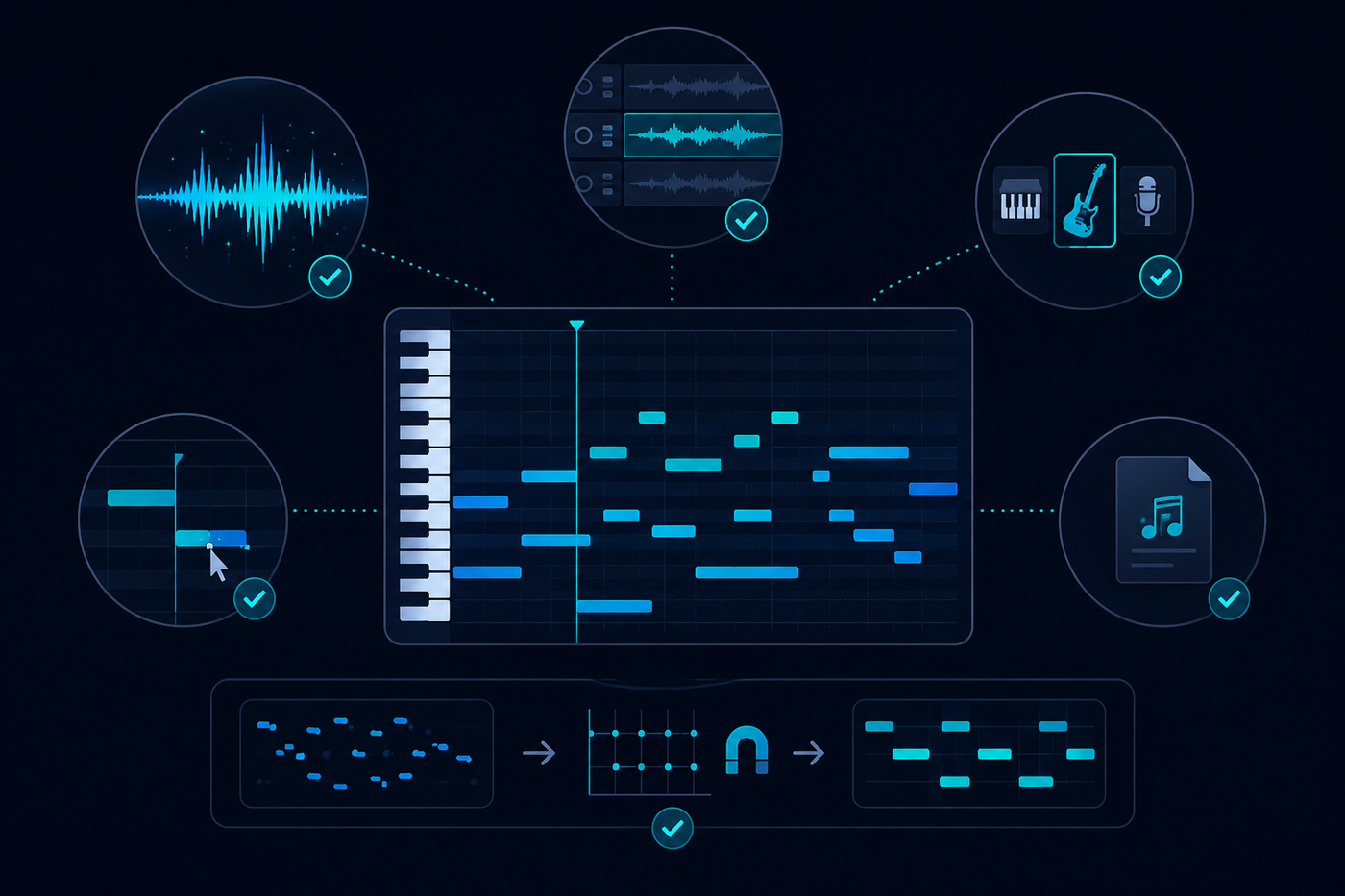 Flujo de conversión de música a MIDI con IA, análisis de audio, selección de instrumentos, notas MIDI editables, cuantización y exportación.