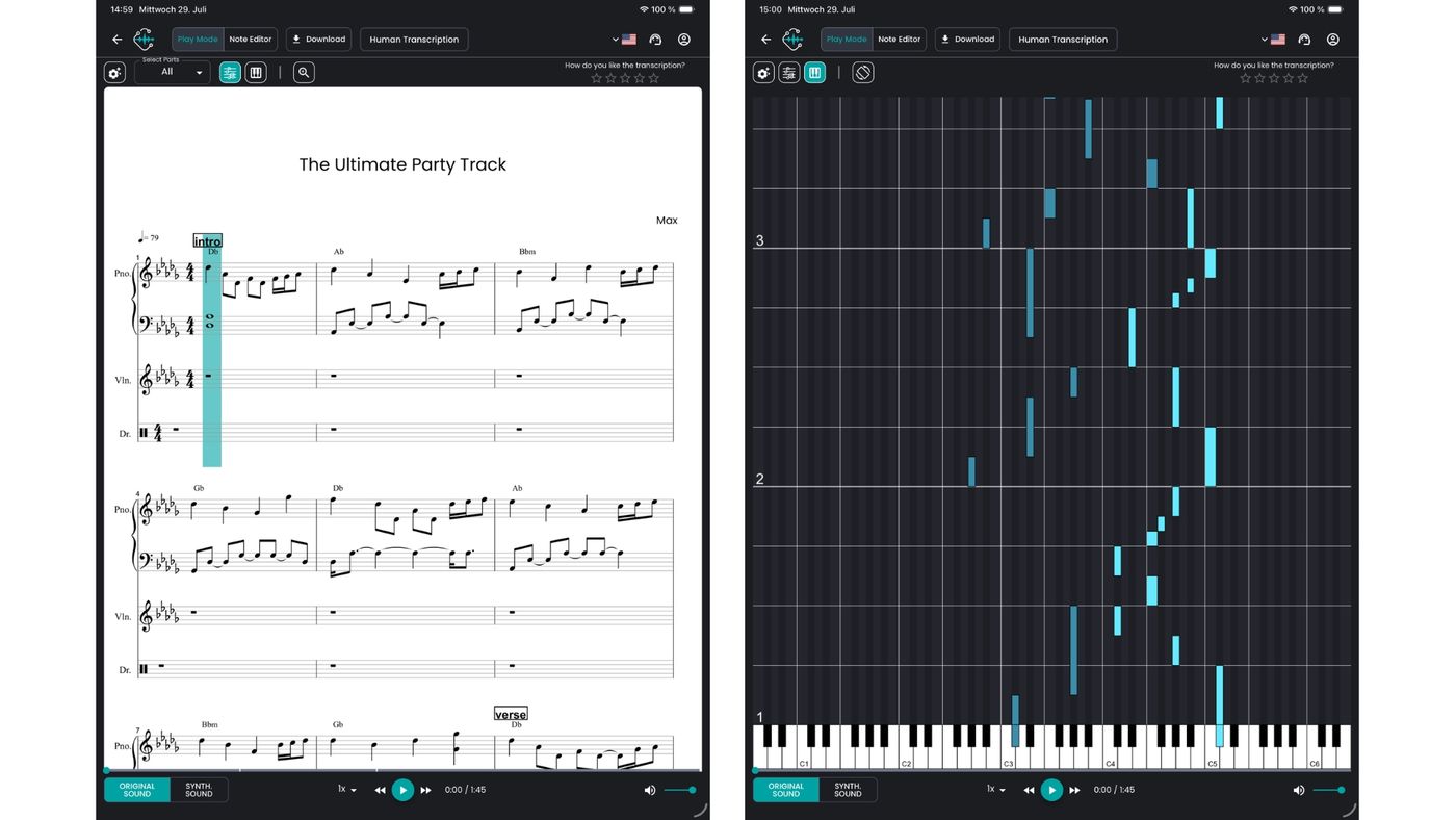Screenshot der Multi-Instrument-Noten in Klangio Transcription Studio mit Notation, Gitarren-Tabs und Liedtext für einen vollständigen Song.