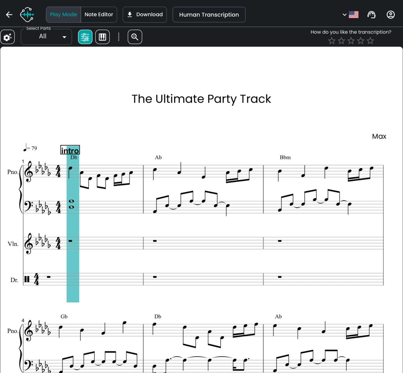 AI-generated sheet music displayed in Klangio Transcription Studio with playback, editing, and download options.