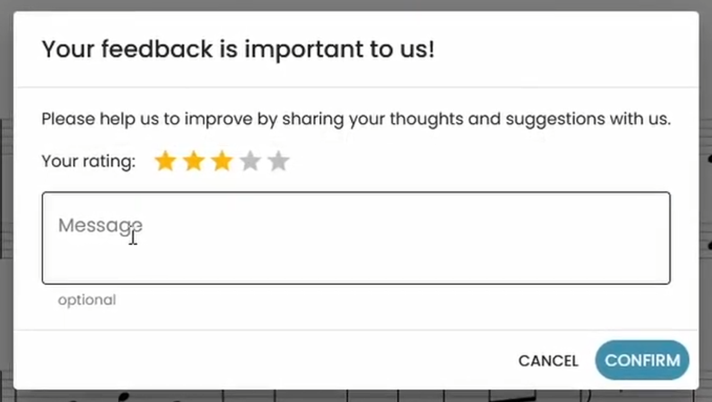 The feedback form, allowing you to get in contact with the developers from Klangio.