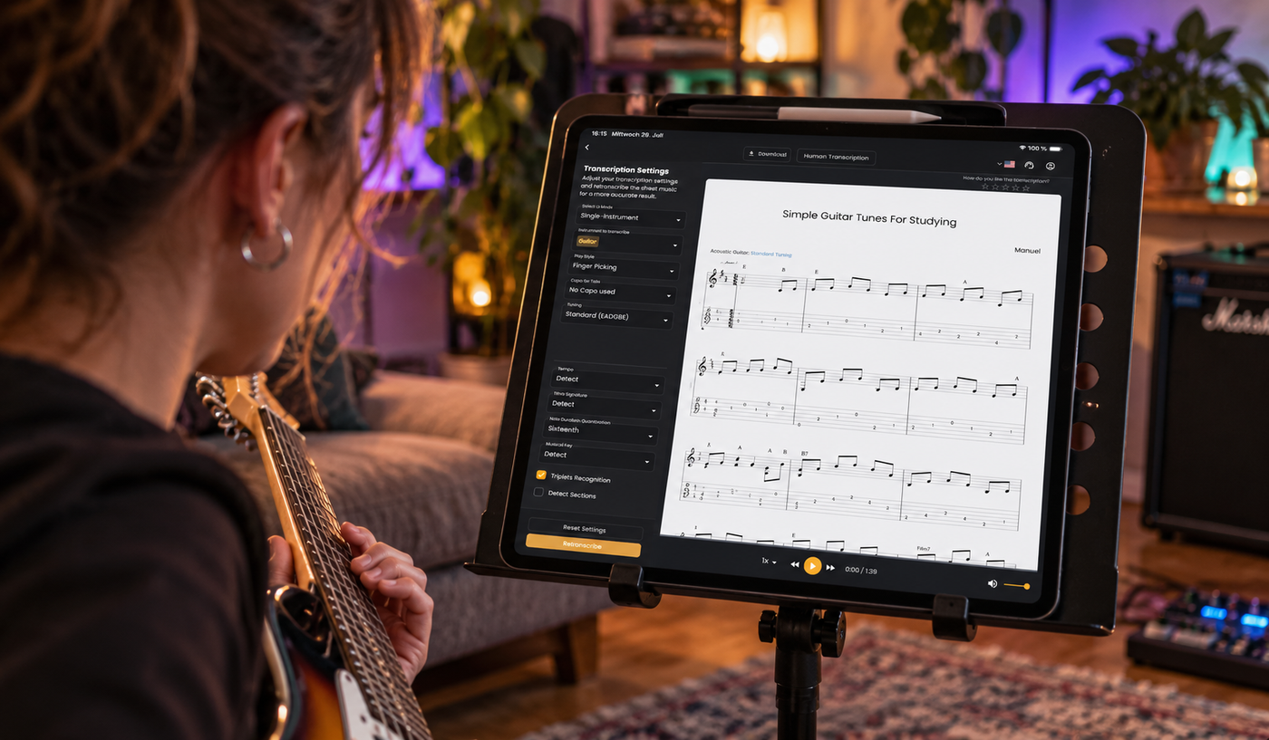 Chitarrista che si esercita su un brano usando una tablatura creata con Klangio su un tablet