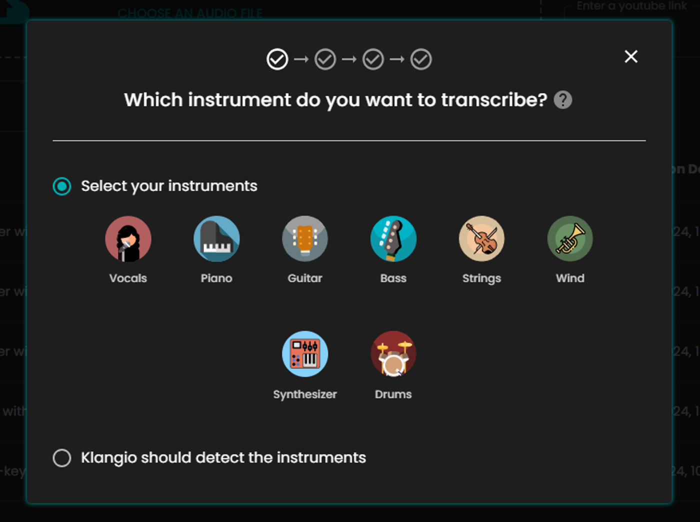 Klangio Transcription Studioなら、8種類の楽器を同時に採譜できます。