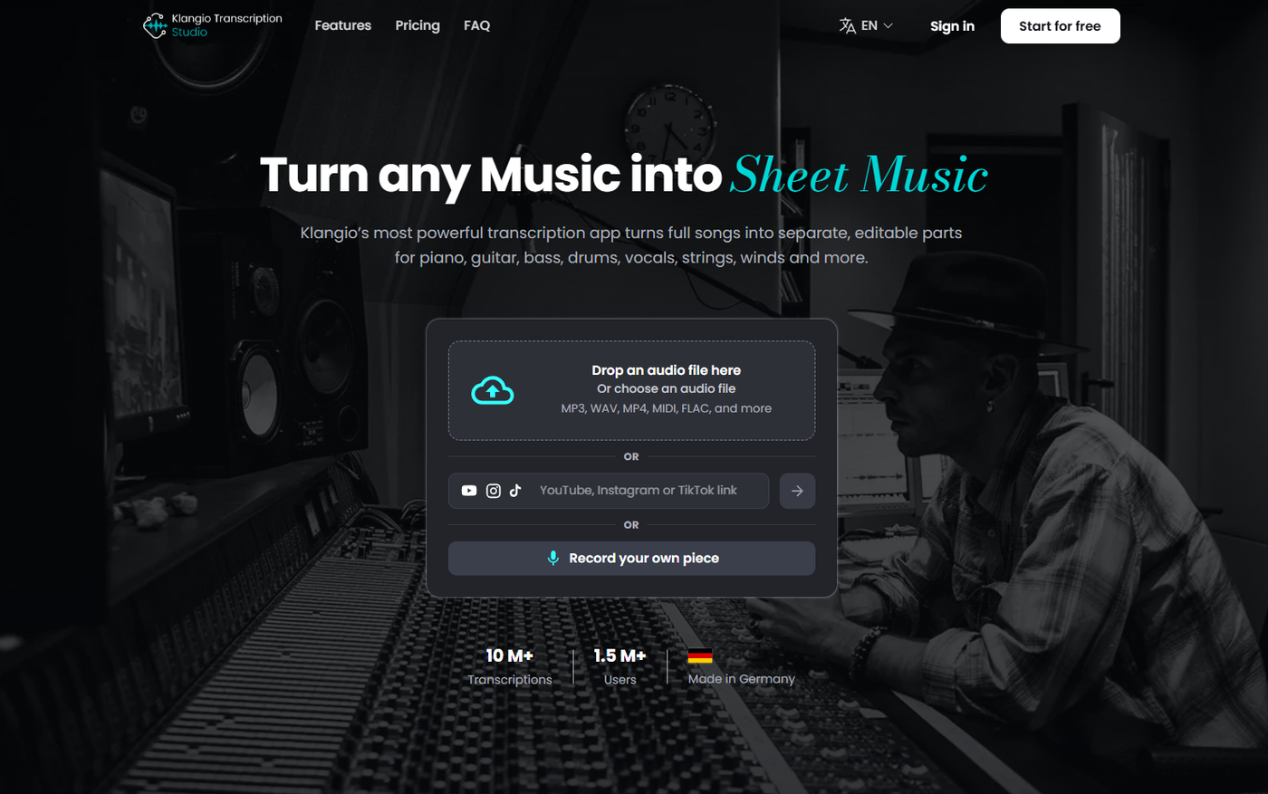 Image: Klangio Transcription Studio Landingpage
