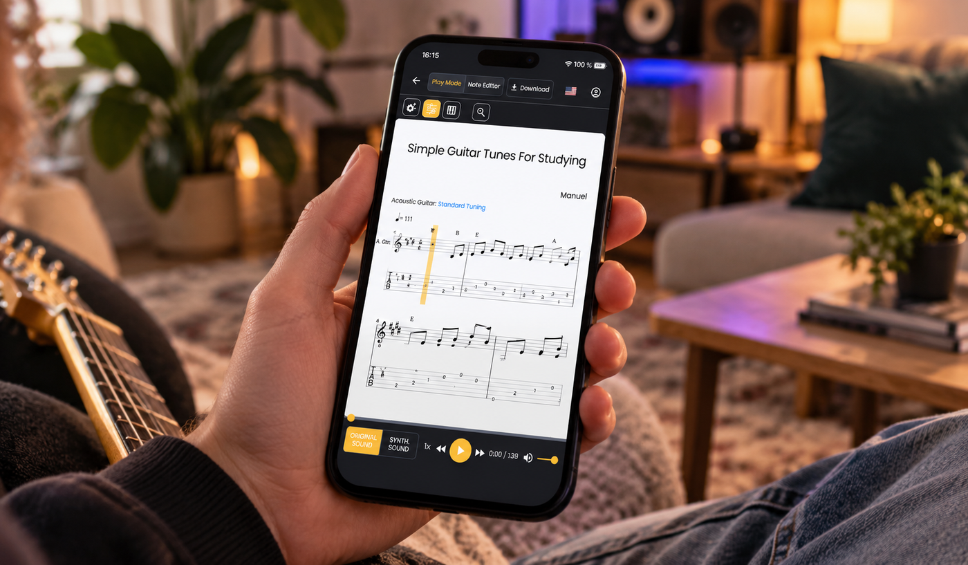 Tablatura per chitarra modificata nell’editor di Klangio Transcription Studio, con note, ritmo e tecniche esecutive
