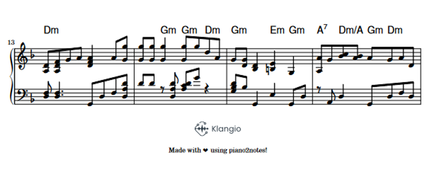 An example of the pdf sheet music export of a Klangio transcription
