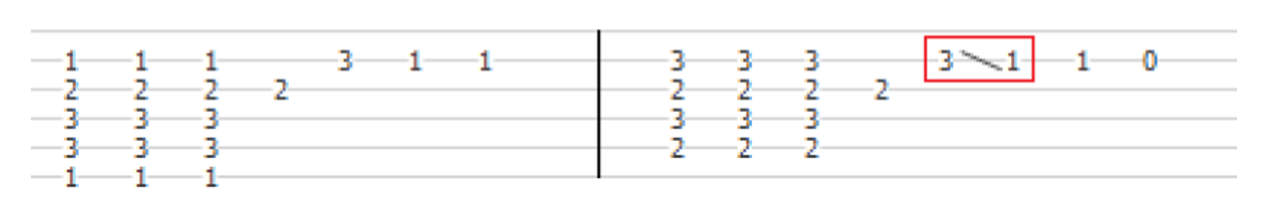Notation of a slide in guitar tablature