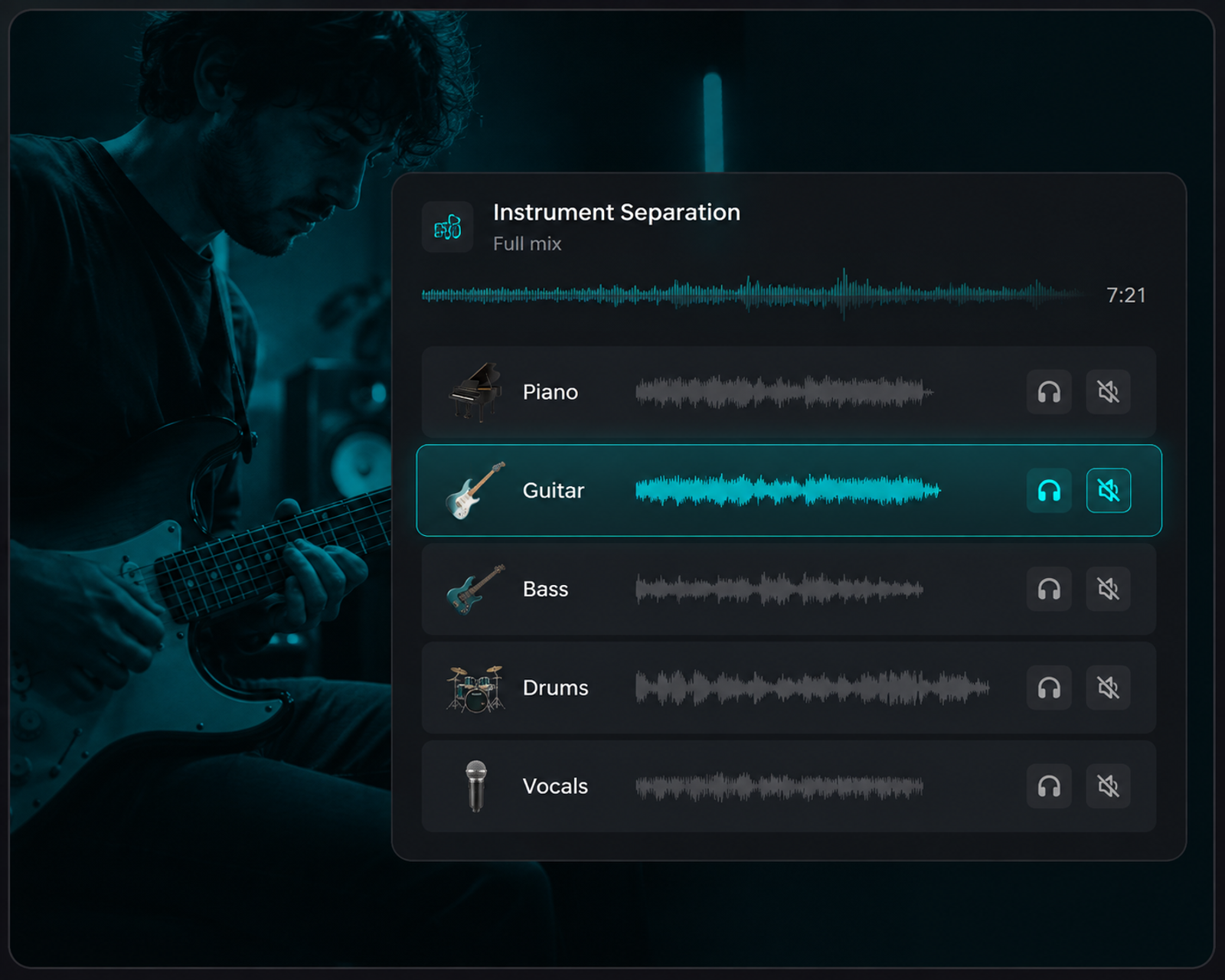 Guitarist playing while Klangio separates a full song into individual piano, guitar, bass, drum and vocal parts.