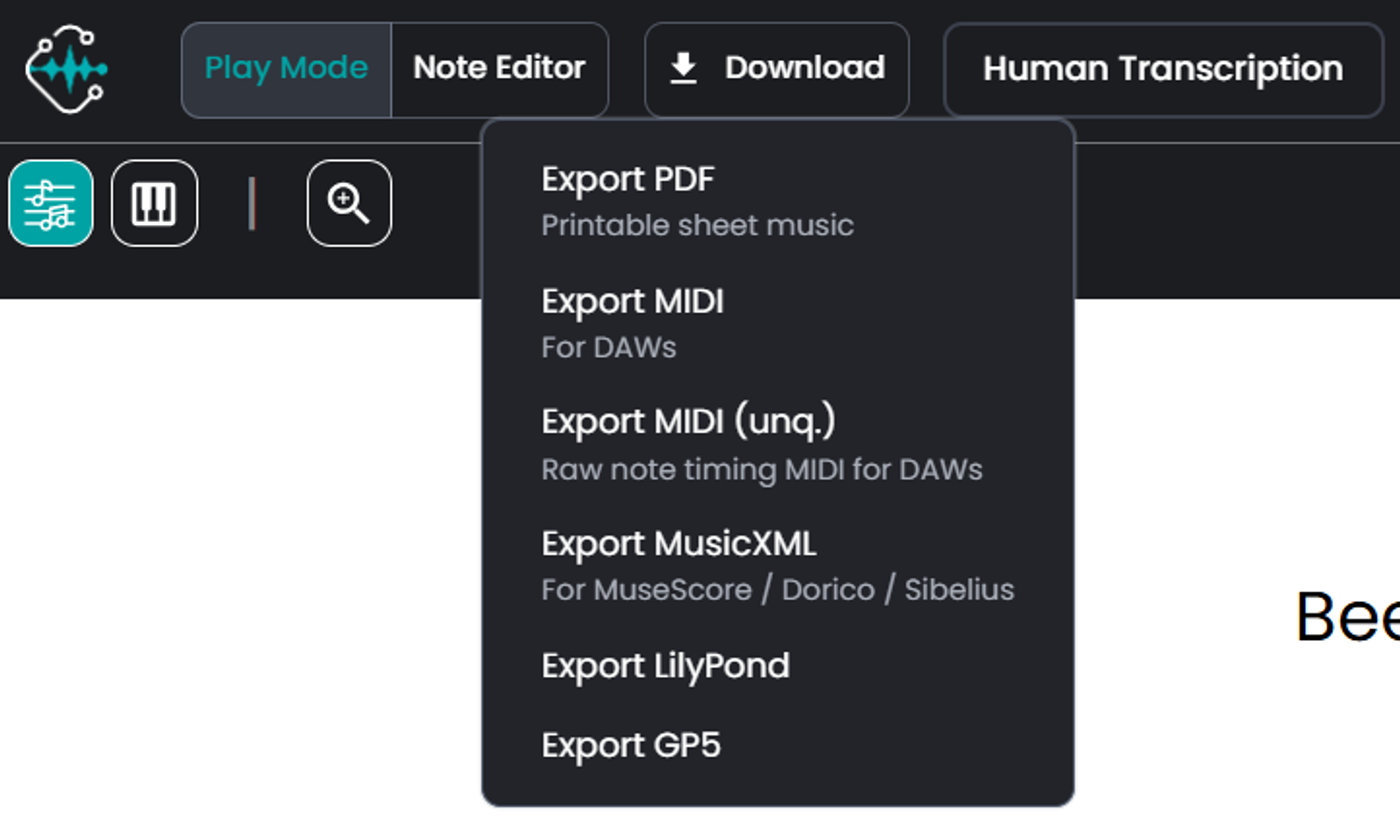 Formati di esportazione disponibili in Klangio Transcription Studio