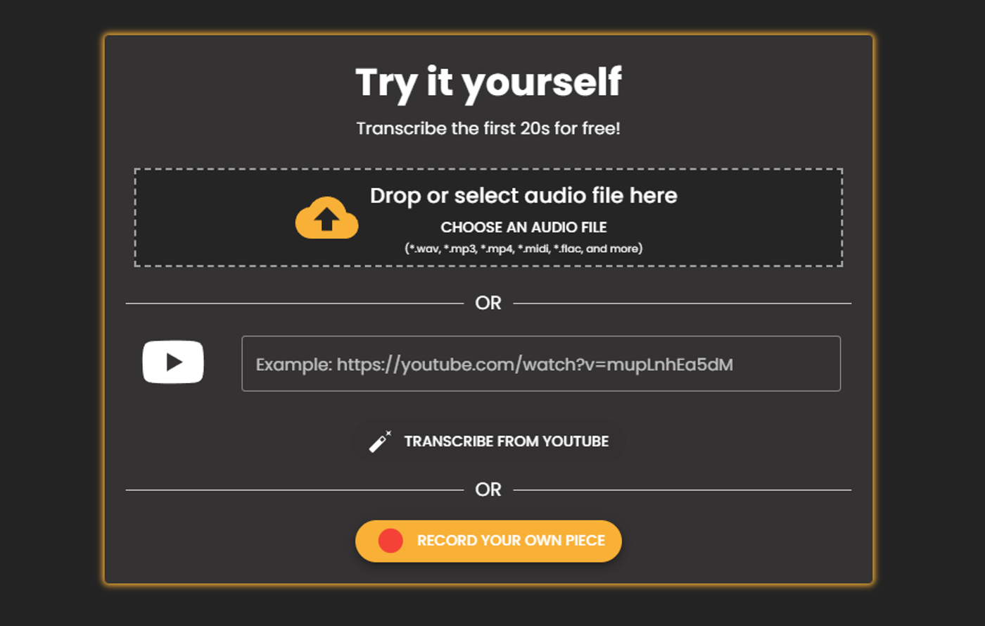Téléchargez un fichier audio, utilisez un lien YouTube ou enregistrez votre guitare directement.