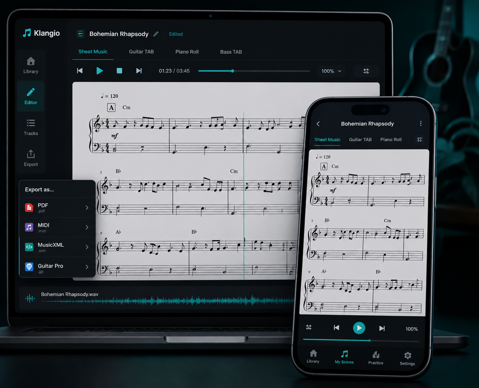 Klangio sheet music editor shown on desktop and mobile, with export options for PDF, MIDI, MusicXML and Guitar Pro.