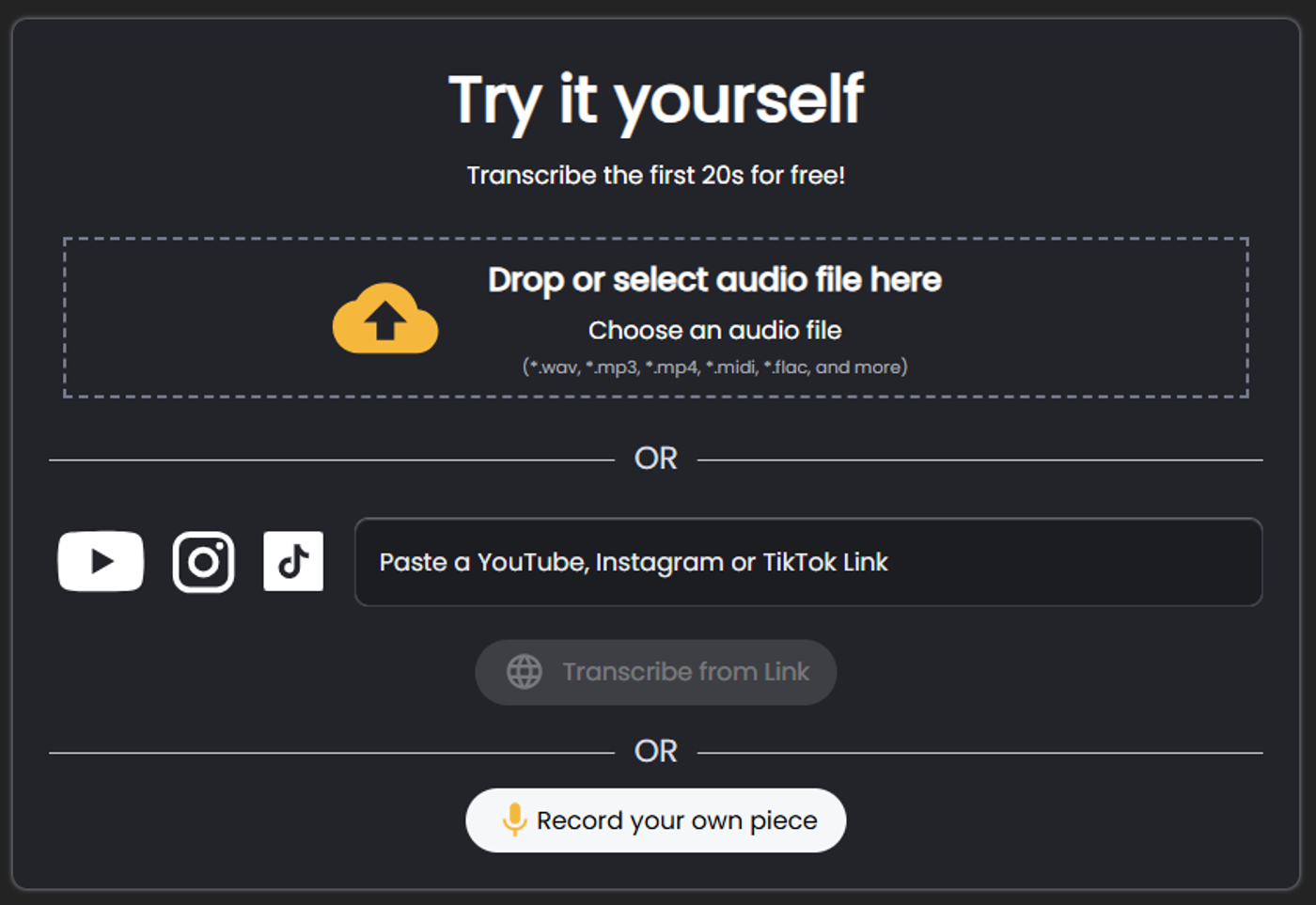 Upload your recording. Drop in an audio file, paste a YouTube link, or record straight from your guitar.