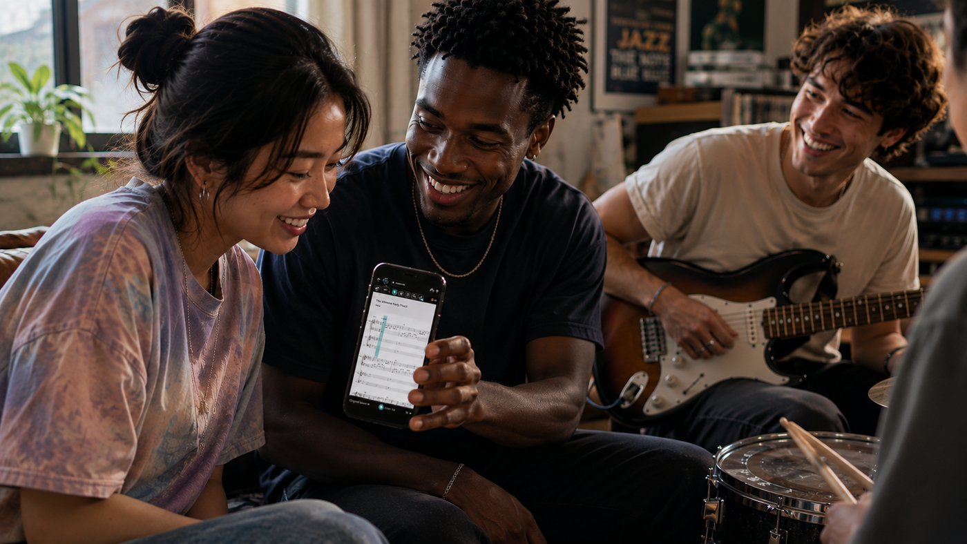 Young musicians jamming together while viewing transcribed sheet music in Klangio Transcription Studio on a smartphone.