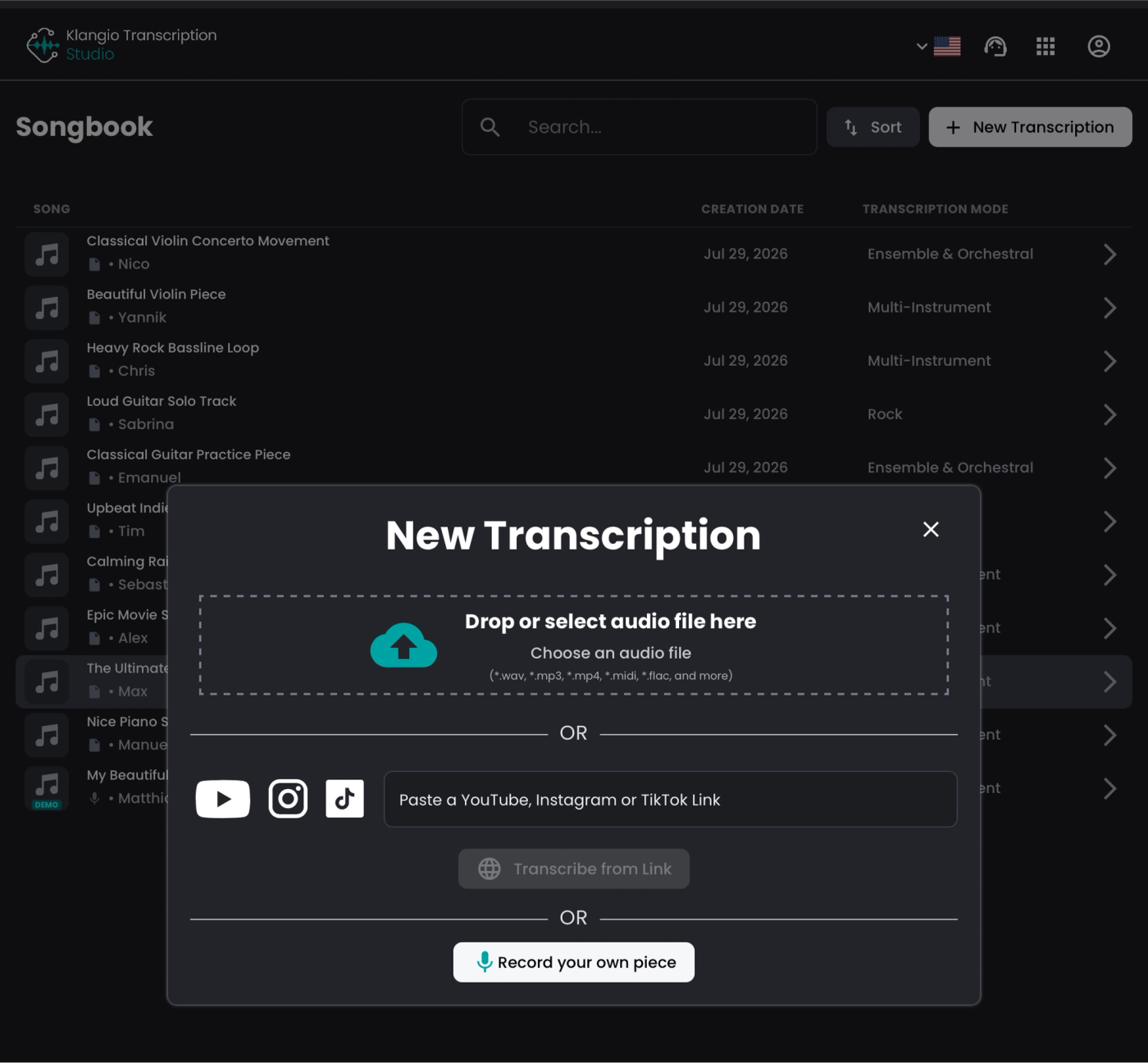 Klangio Transcription Studio showing options to upload an audio file, transcribe from a YouTube, Instagram, or TikTok link, or record music directly.