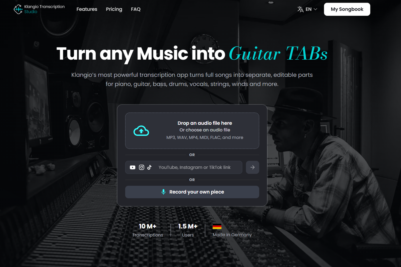 Captura de la pantalla de carga de Transcription Studio de klang.io para convertir audio a MIDI