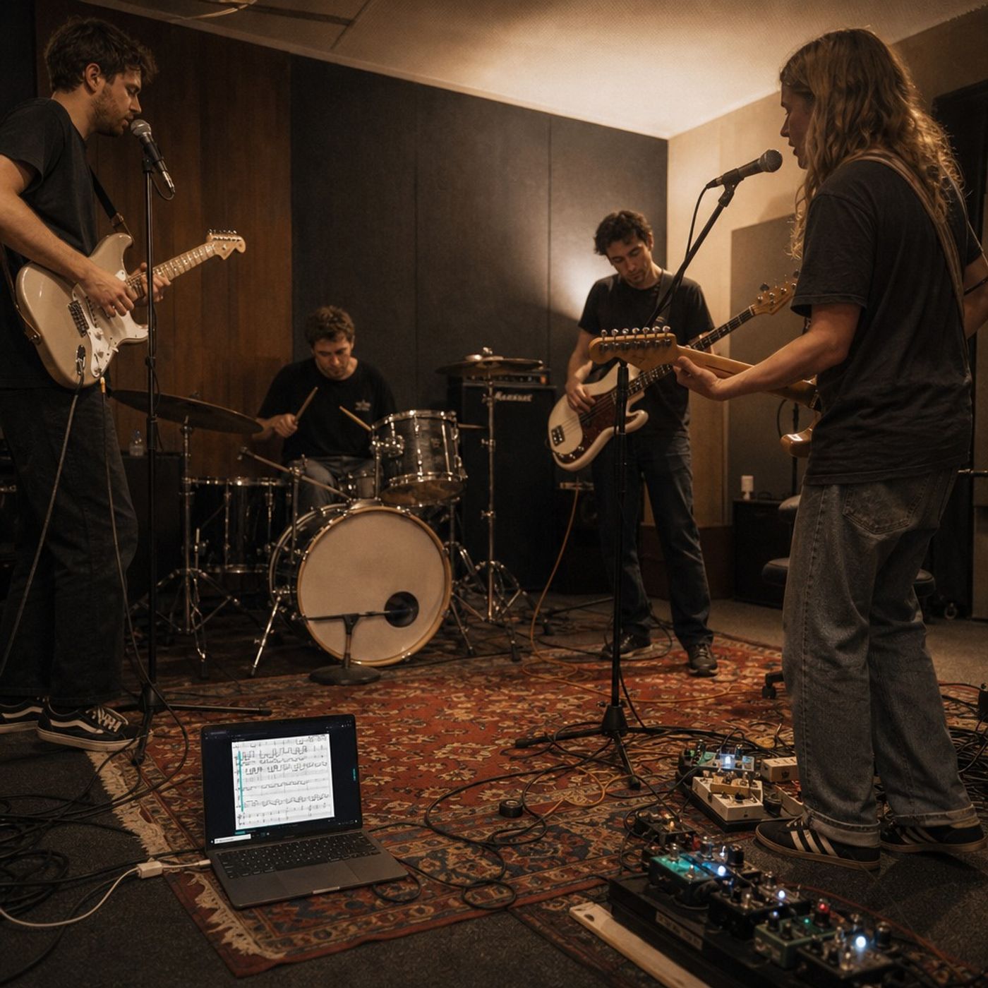 Eine vierköpfige Band probt gemeinsam, während Klangio Transcription Studio ihre Session live auf einem Laptop im Studio transkribiert