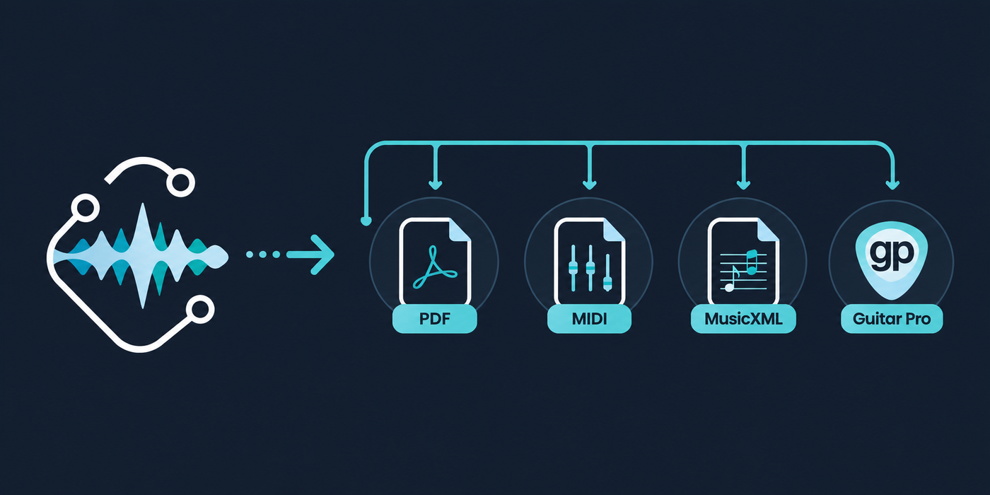 Export format icons for PDF, MIDI, MusicXML, and Guitar Pro from Guitar2Tabs
