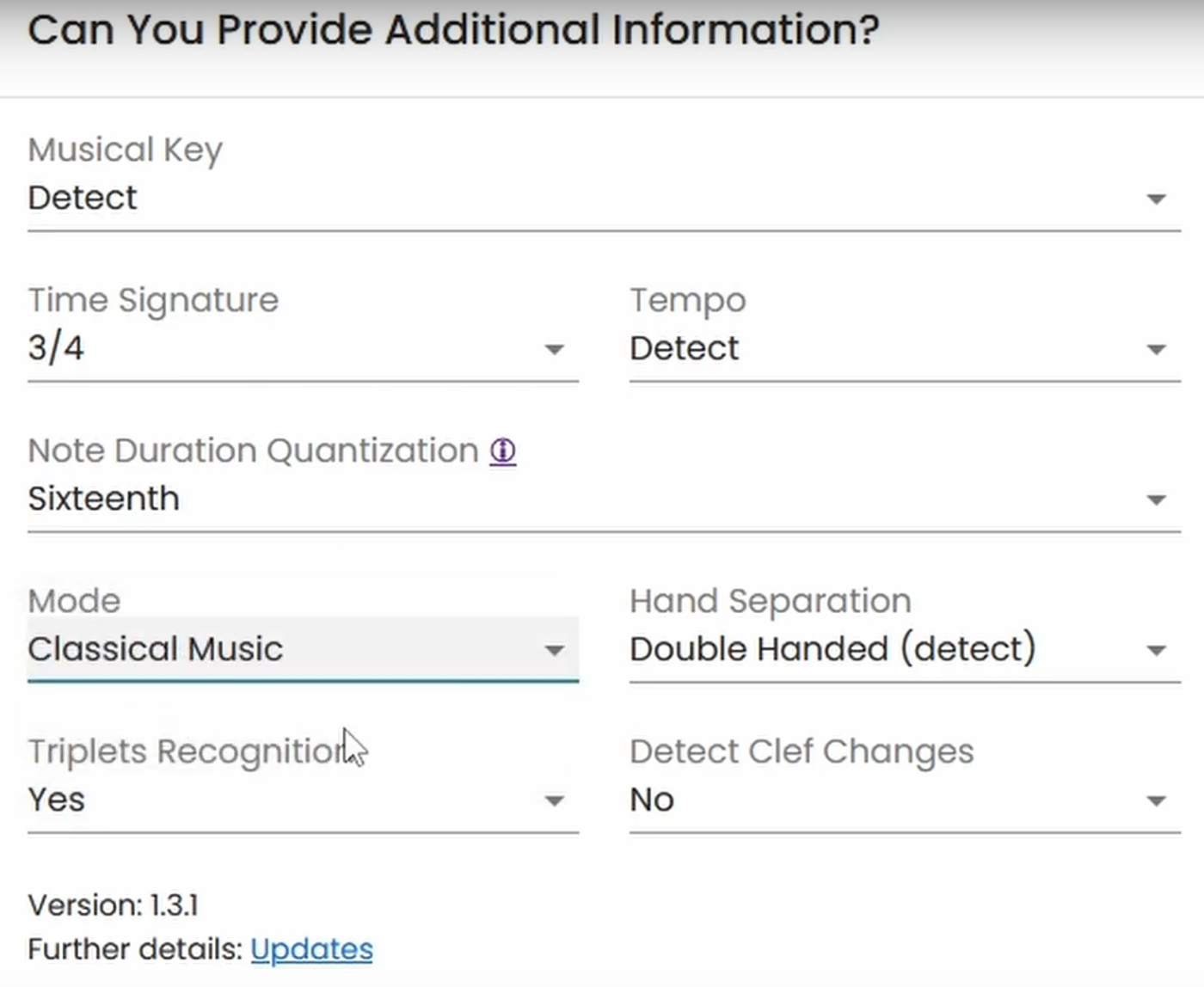 The additional Information that can be provided for a Klangio retranscription.