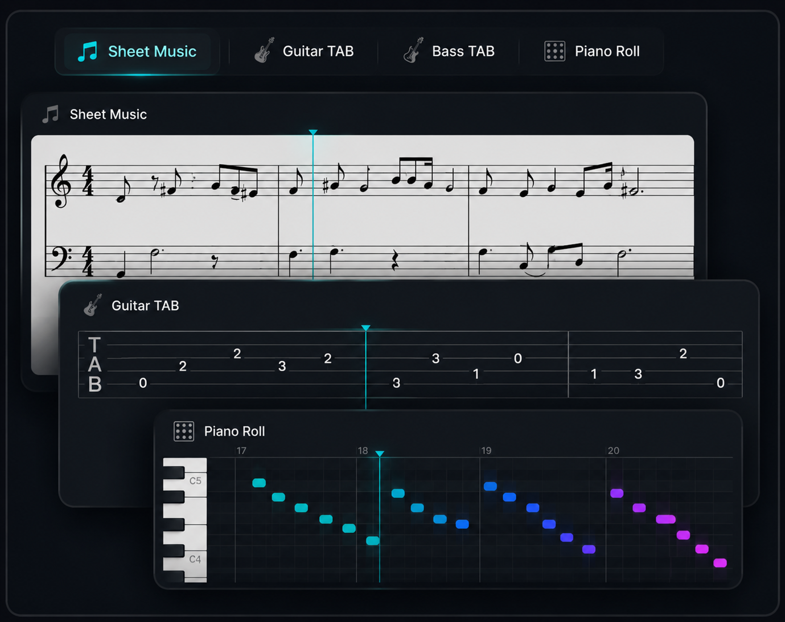 Klangio showing the same song as sheet music, guitar TAB and piano roll for different ways to learn and play.