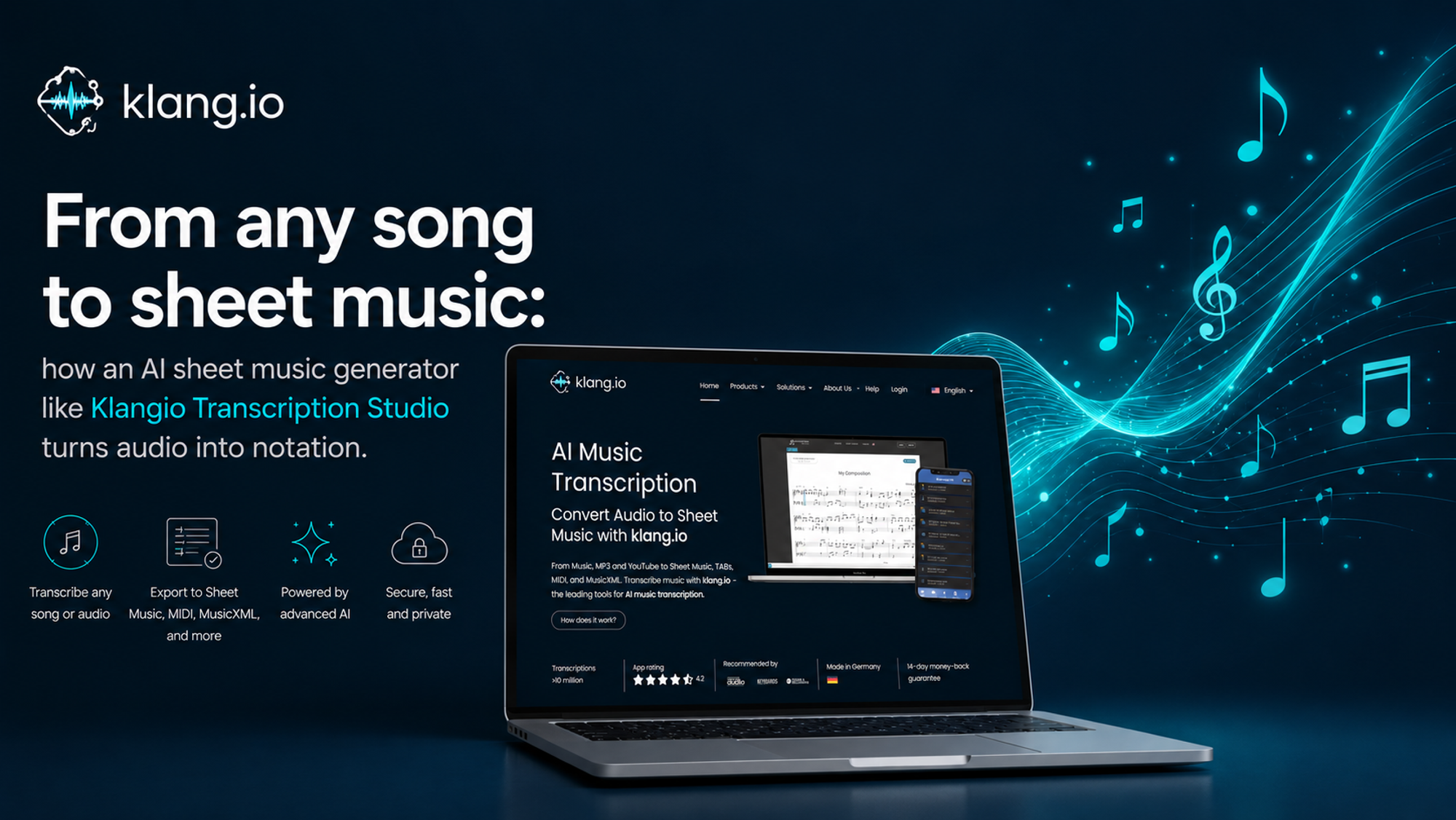 Illustration of sound waves morphing into musical notation, symbolizing an AI sheet music generator turning audio into sheet music.