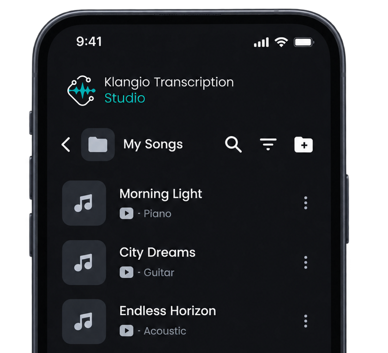 Klangio Transcription Studio mobile app showing a list of saved songs on a smartphone.