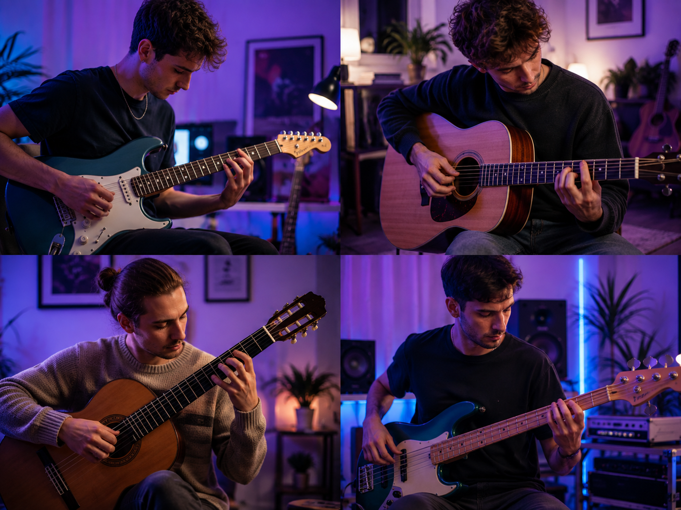 Four guitar and bass styles supported by klang.io's guitar tab maker: electric, acoustic, classical, and bass