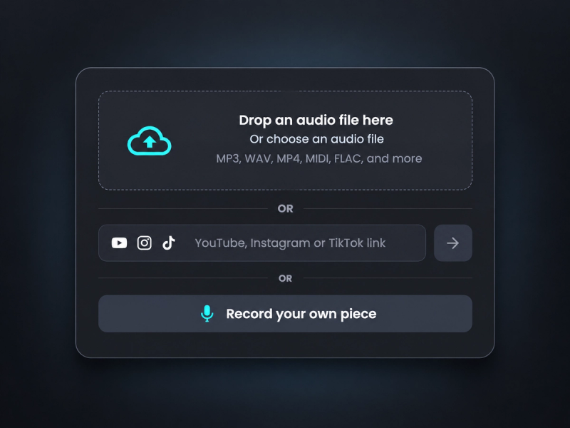 Klangio Transcription Studio Input Container for uploading, linking or recording music.