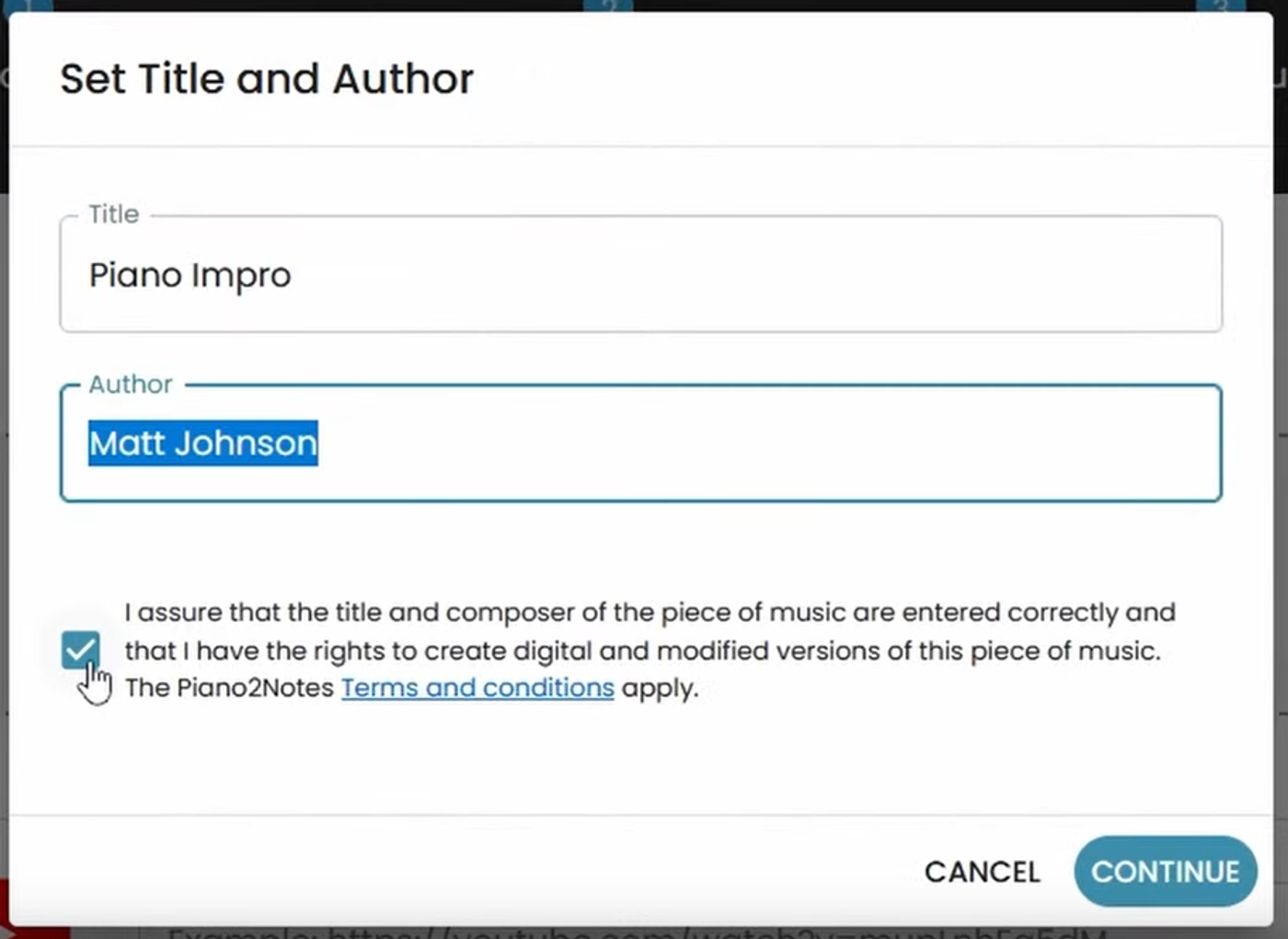 Setting the title and composer of your Klangio transcription