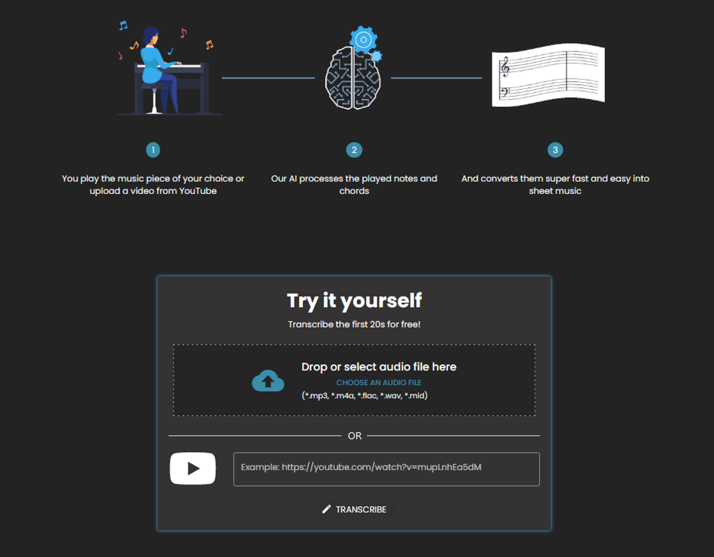 The transcribe window of Piano2Notes, allowing you to drag and drop an audio file for transcription or pasting in a YouTube link.
