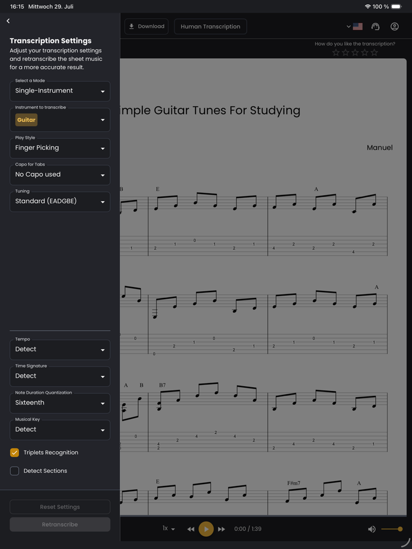 Preview, edit, and download. Fine-tune anything that needs a tweak, then export your finished tabs.