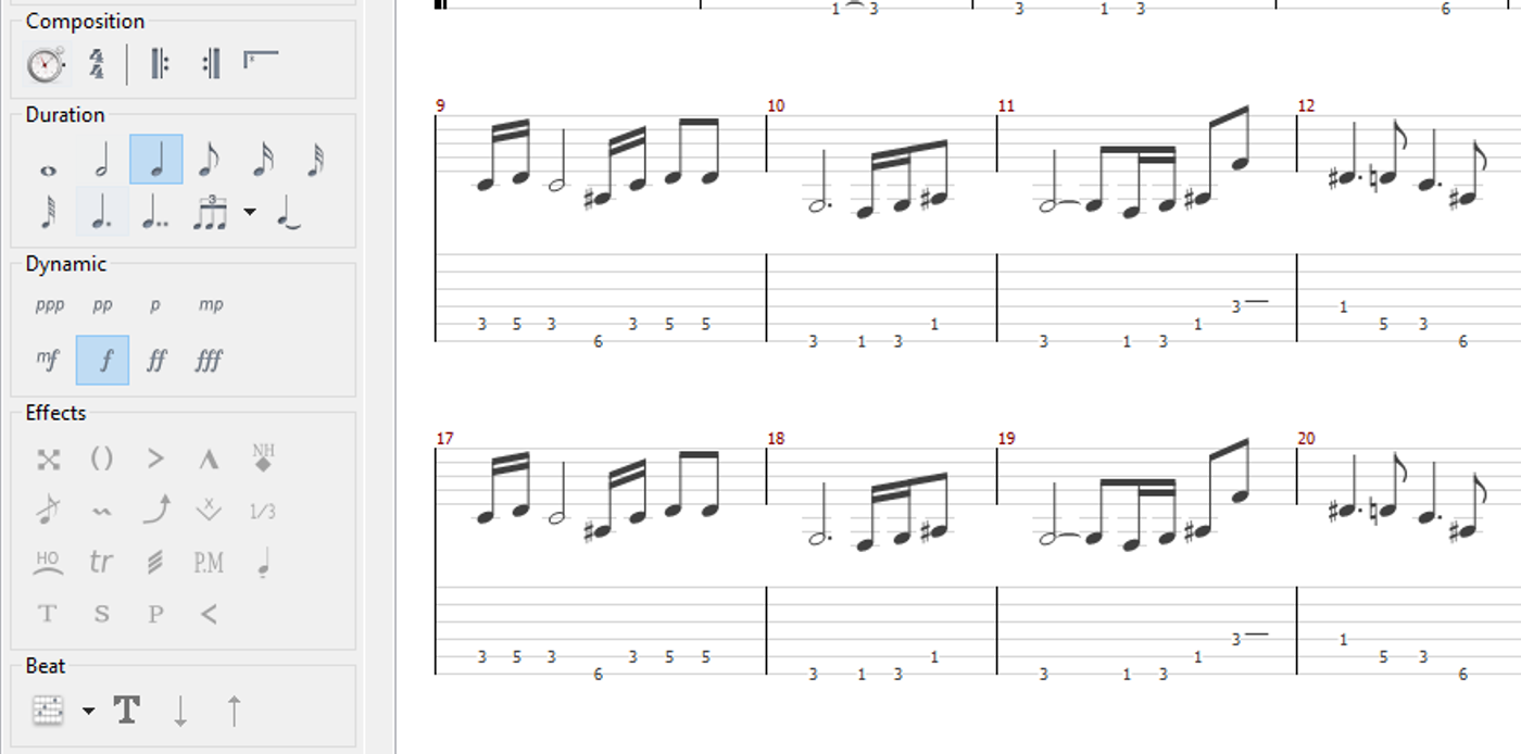 A GuitarPro File export from a Klangio Transcription, opened in TuxGuitar
