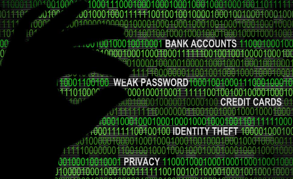 silhouette of a hand picks our the phrase weak password from a series of zeros and ones 