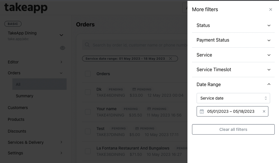 Order filter, order summary, Cutoff time and subscription