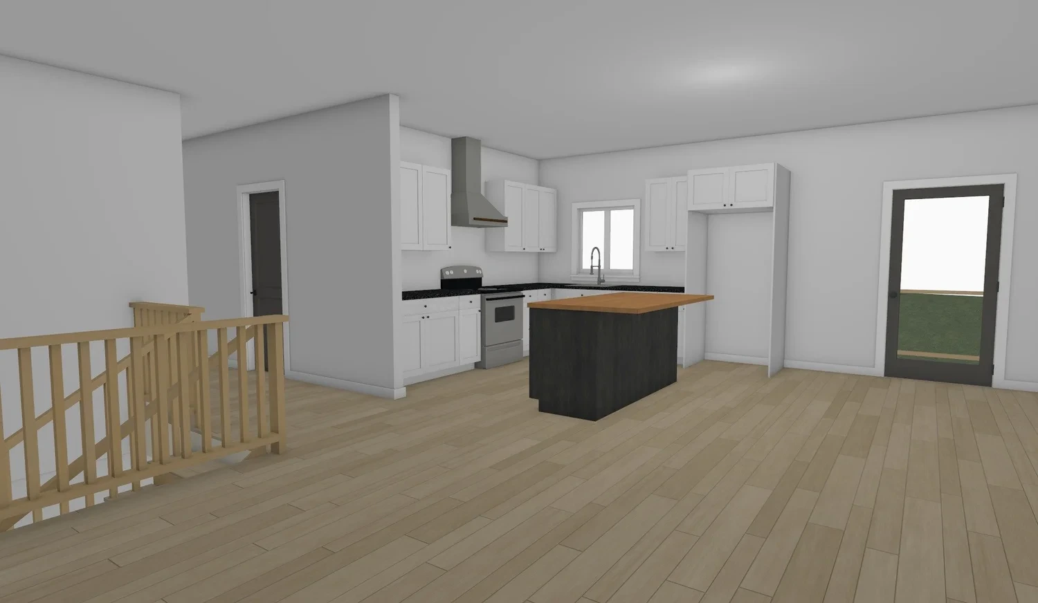 3D model of the same kitchen and living area