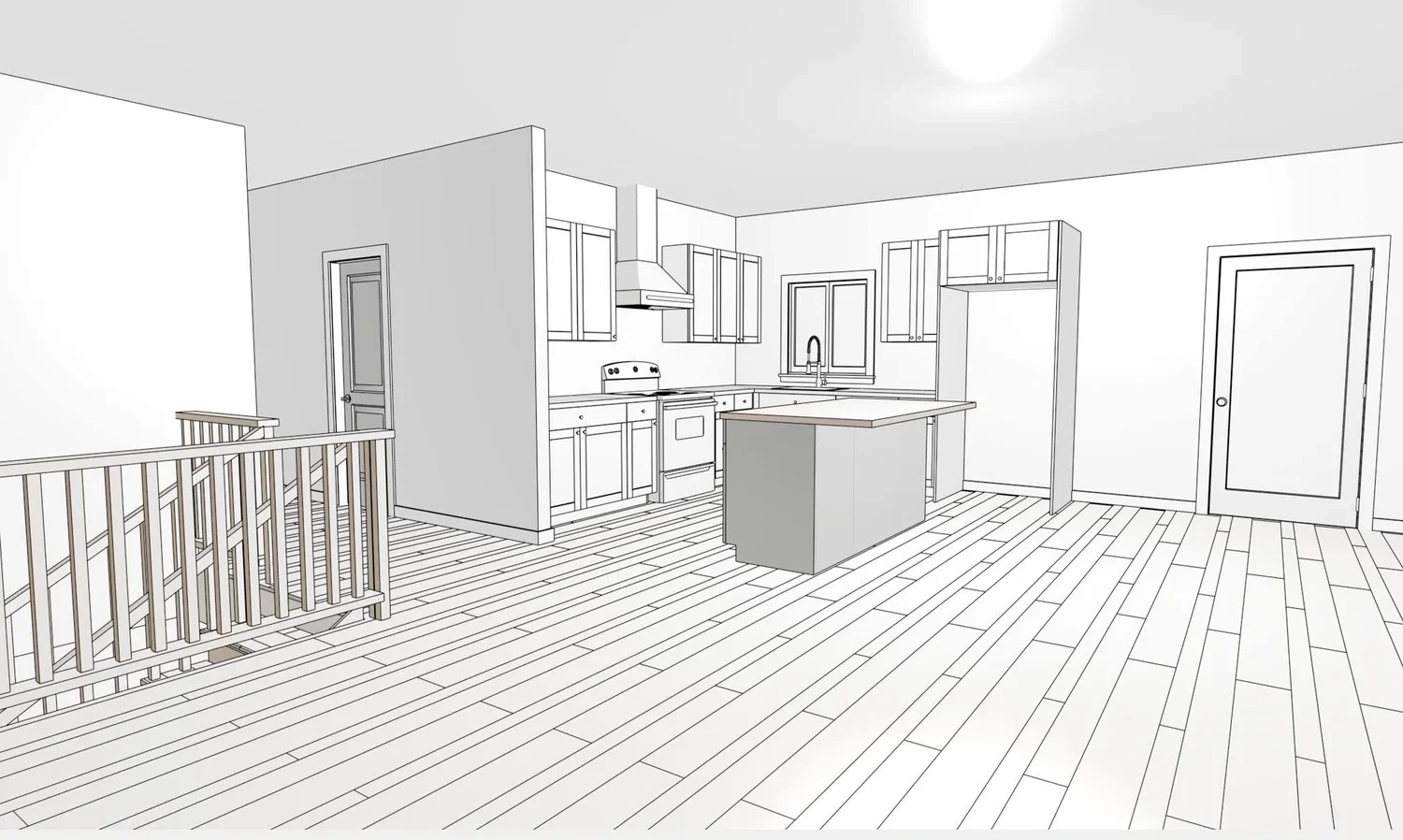 Line drawing of the kitchen and living area