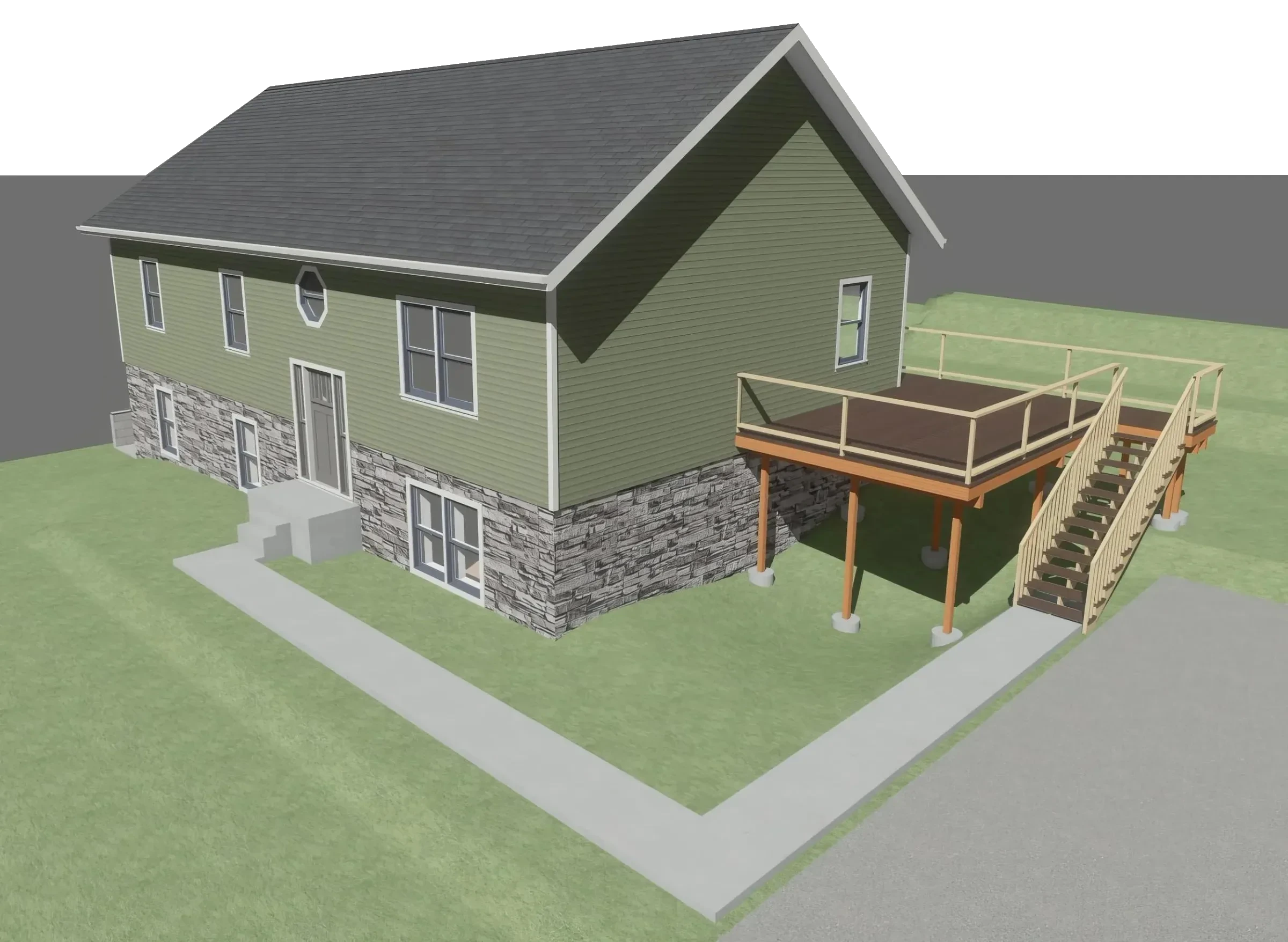 3D rendering of a green custom home with a stone foundation and rear deck