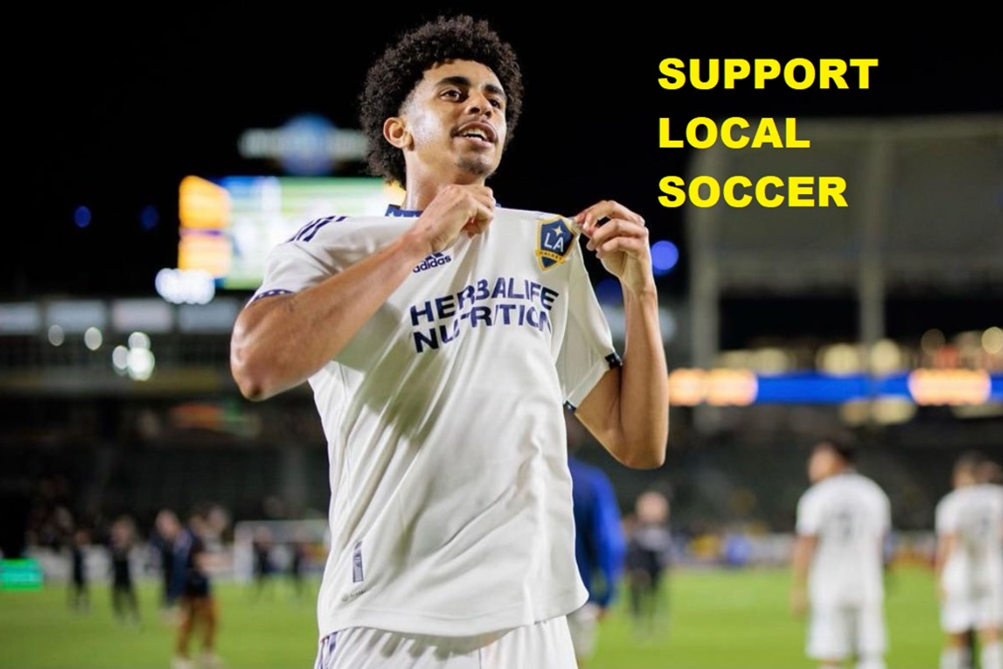 Jalen Neal celebrating in an LA Galaxy jersey.