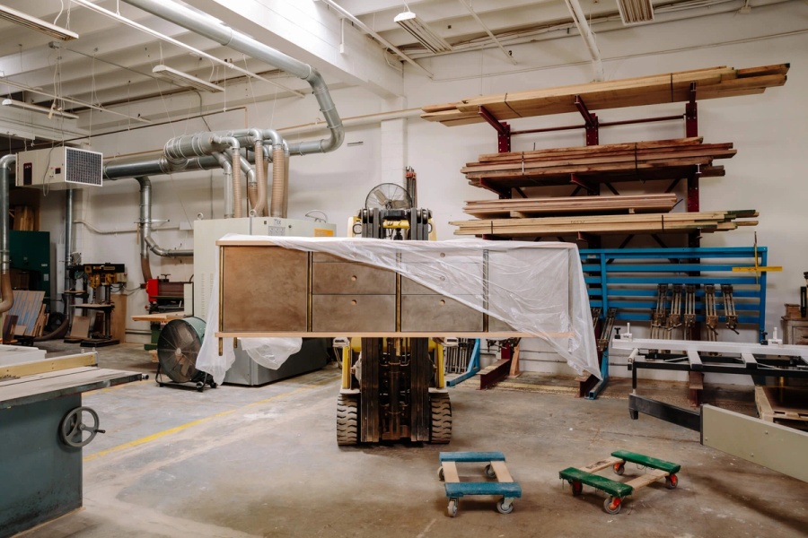 Strata Credenza Sitting on Forklift in Fort Standard Woodshop