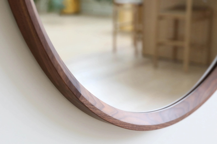 Round Plane Mirror with wood frame