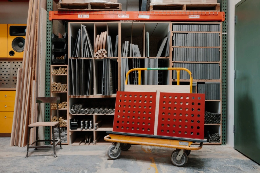 Organized Strata Collection Metal Components in Fort Standard Woodshop