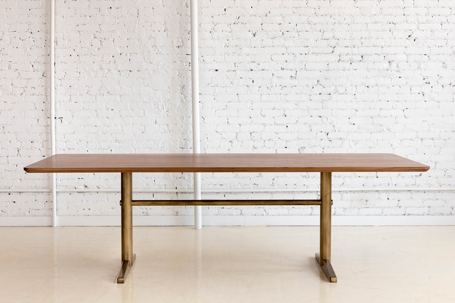Pillar Dining Table with wood top and brass base