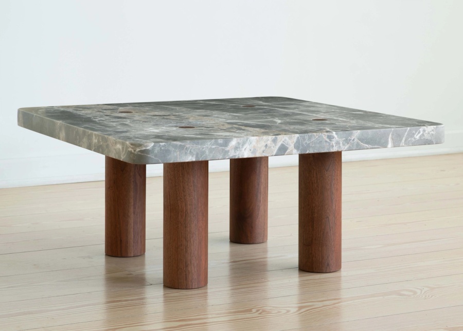 Column Coffee table with Stone top and wood legs