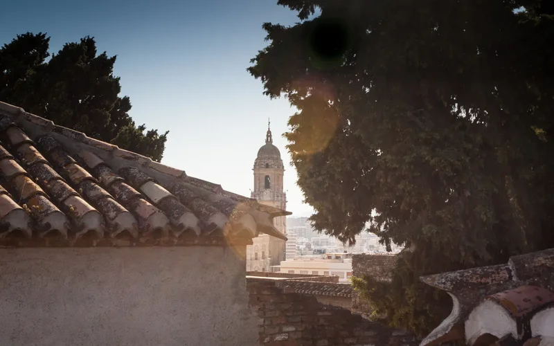 Vista de la torre con cúpula de Málaga emergiendo entre tejados de tejas rojas y árboles frondosos, bajo un cielo azul soleado