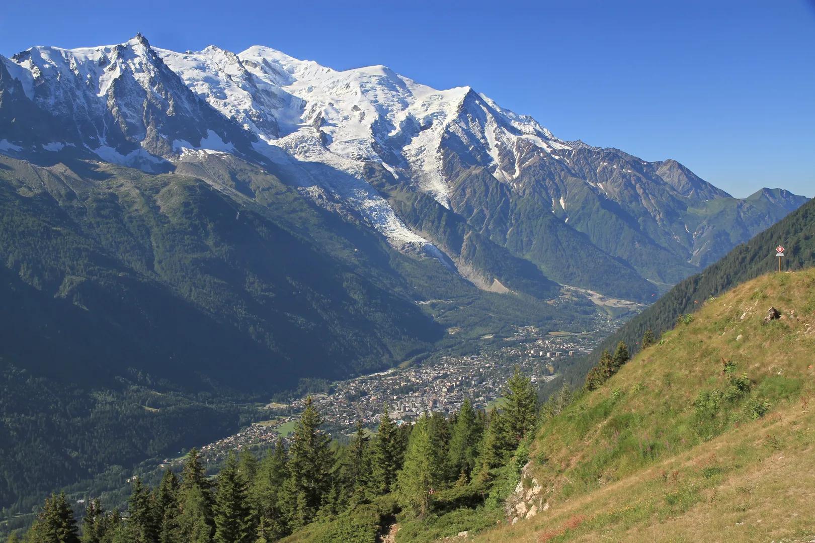Panorámica de las montañas nevadas del Mont Blanc en Chamonix, con valles verdes, pinos y el pueblo en el valle bajo un cielo azul claro