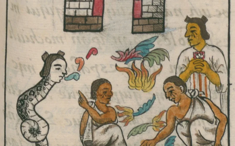 Ilustración en color de un códice: una figura con cabeza de mujer y cuerpo de serpiente habla ante varias personas que lloran junto a un edificio.