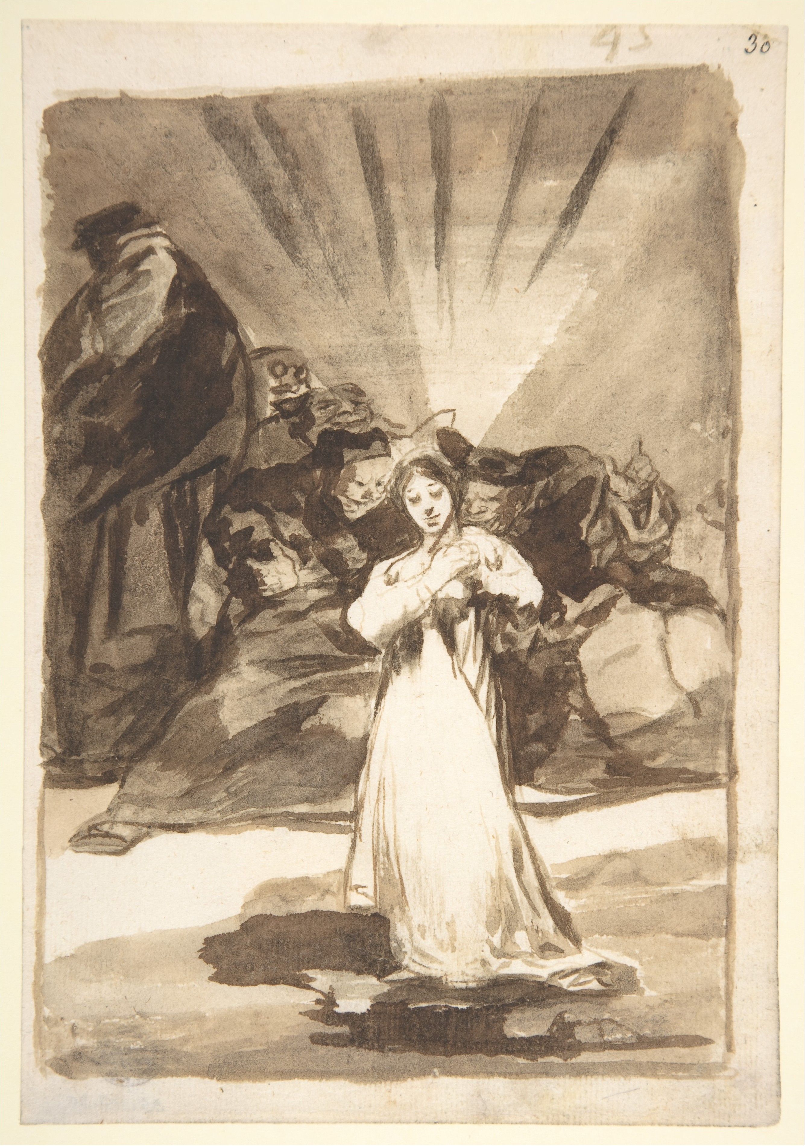 Dibujo monocromático de una figura femenina arrodillada, rodeada de figuras oscuras y amenazantes.